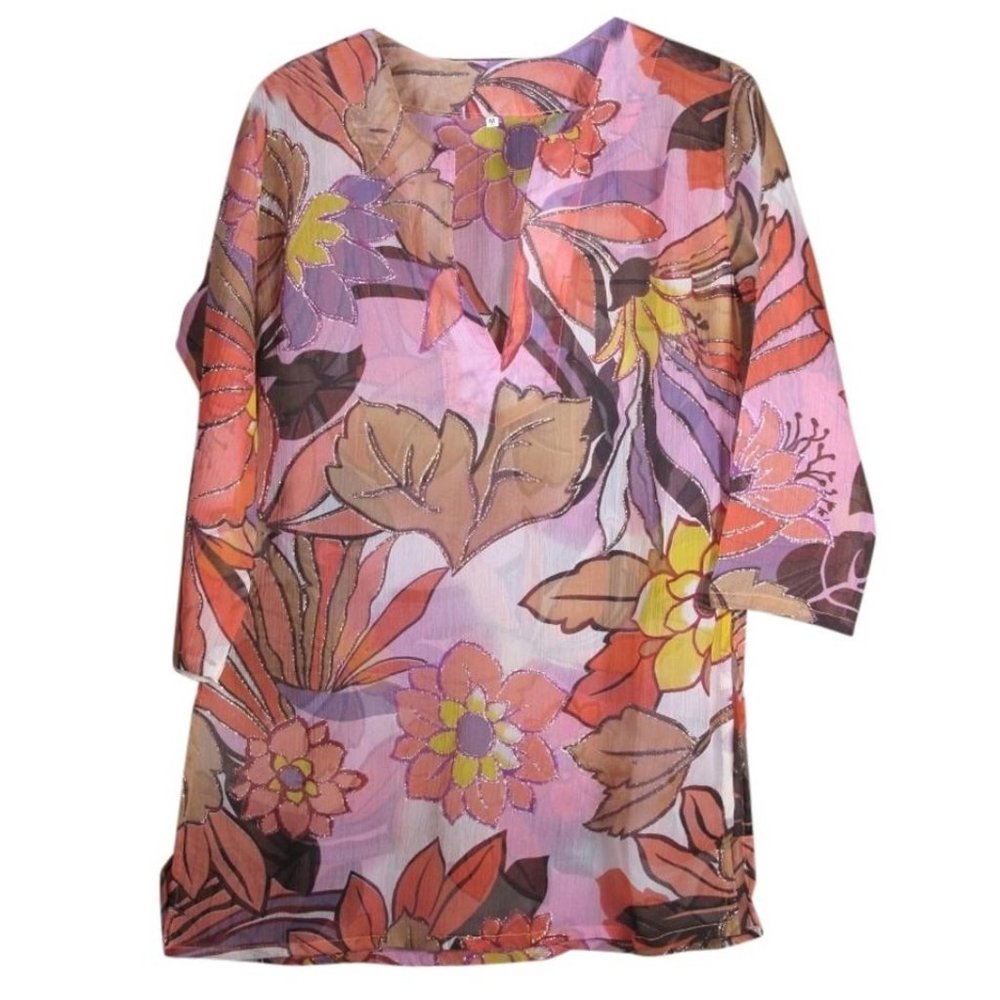 Abstract Floral Sheer Rayon Tunic, Pink/Gold